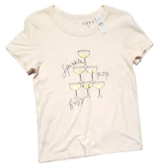 NWT LOFT Festive Metallic Gold Shimmering Champagne Glass Celebration T Size M - Picture 2 of 8